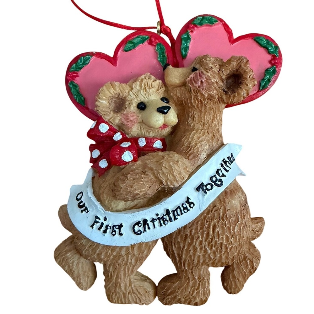 Our First Christmas Together Teddy Bears Heart Resin Ornament 2004 Red Brown